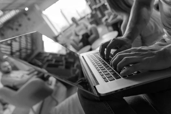 Close up of male hands while working on laptop — Stock Photo, Image