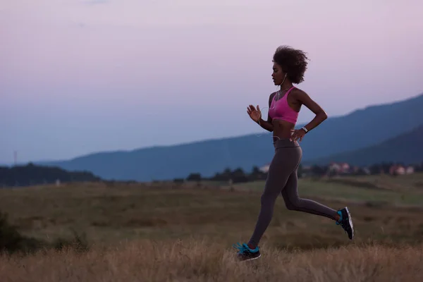 Unga afroamerikanska kvinnan jogging i naturen — Stockfoto