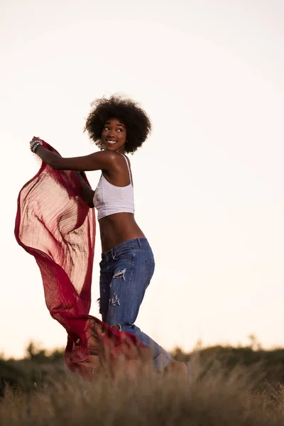 Noir fille danse à l'extérieur dans une prairie — Photo