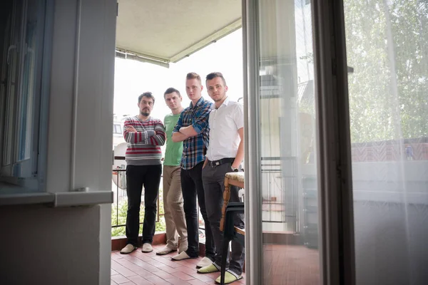 Portrait Group Men Standing Balcony — Stock Photo, Image