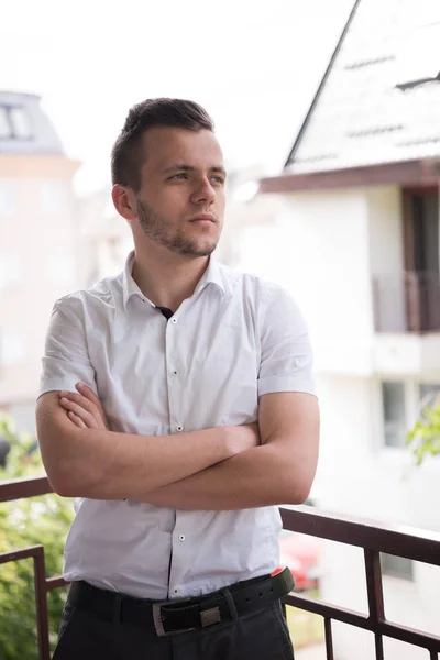 Young Elegant Fashion Man Standing Balcony Arms Crossed Smiling — Stock Photo, Image