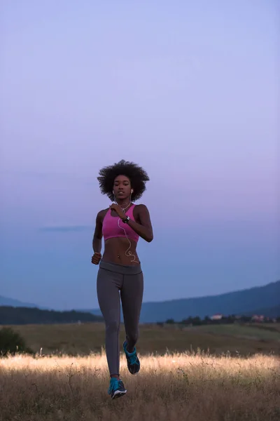 Giovane donna afro-americana che fa jogging nella natura — Foto Stock