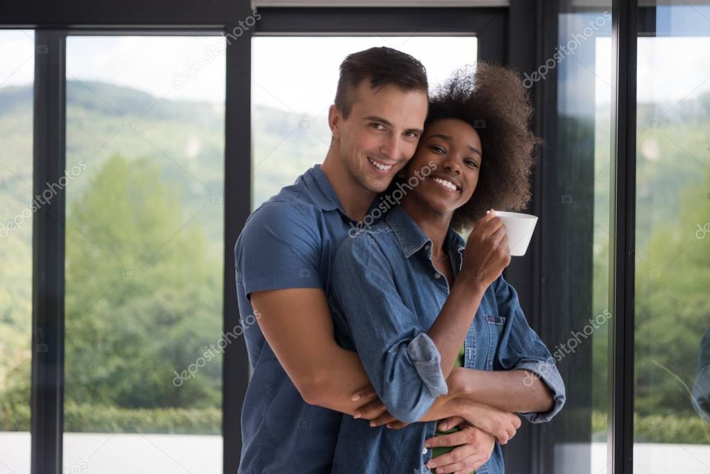 romantic happy young couple relax at modern home indoors