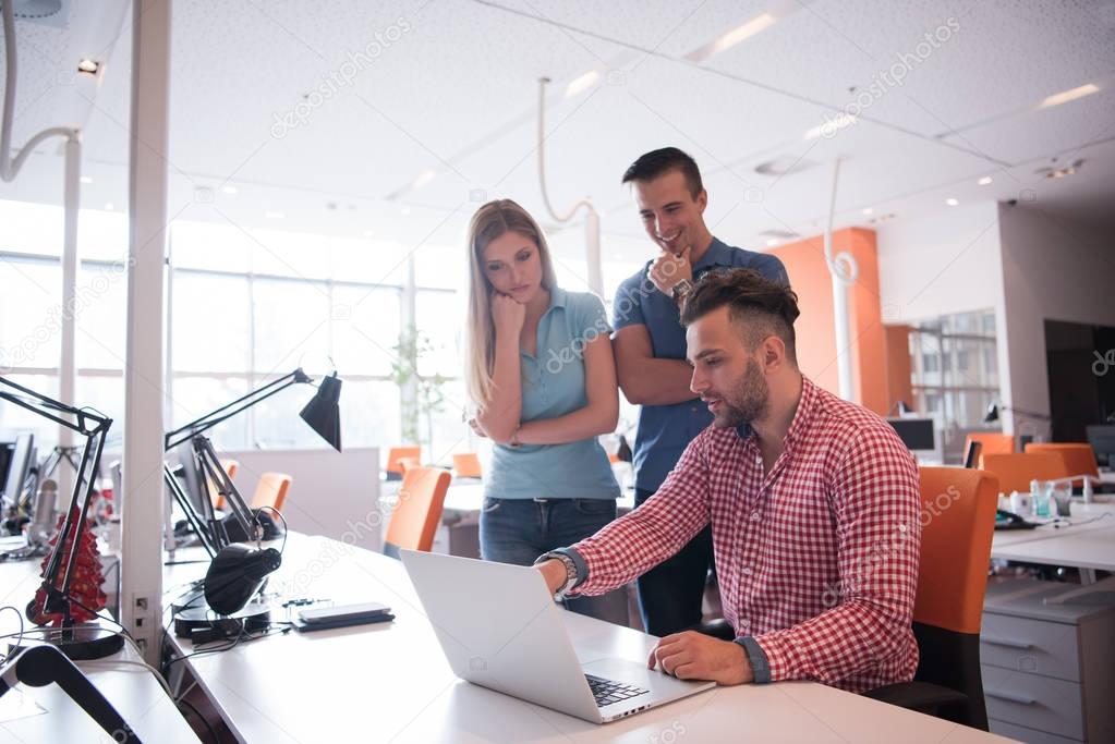 Group of young people employee workers with computer