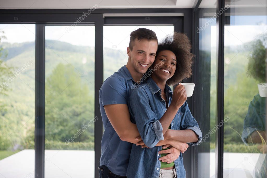 romantic happy young couple relax at modern home indoors