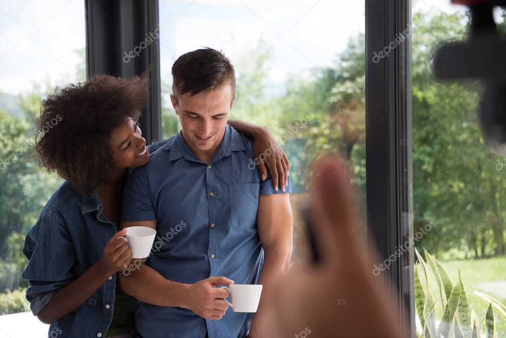 romantic happy young couple relax at modern home indoors