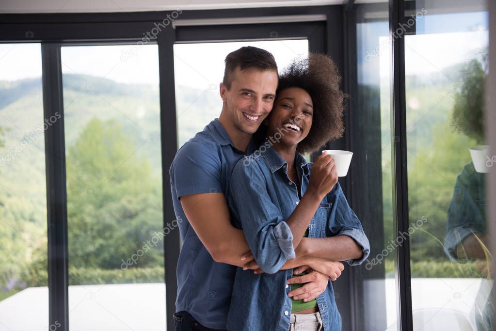 romantic happy young couple relax at modern home indoors