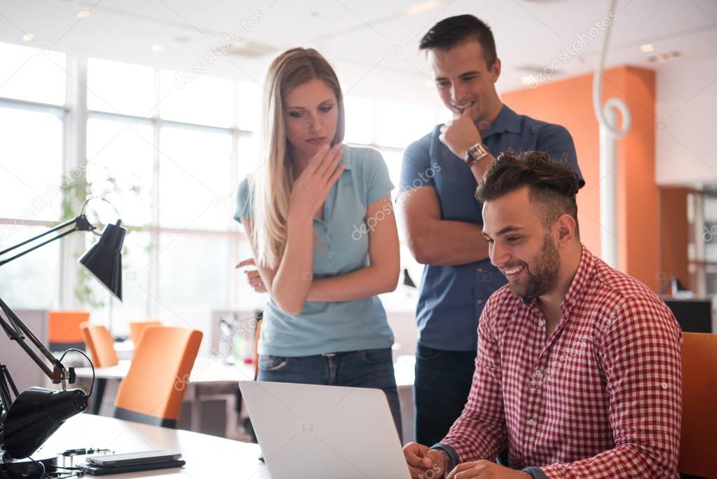 Group of young people employee workers with computer