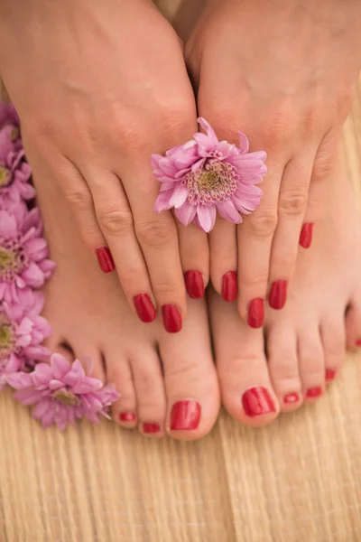 Vrouwelijke voeten en handen op spa salon — Stockfoto