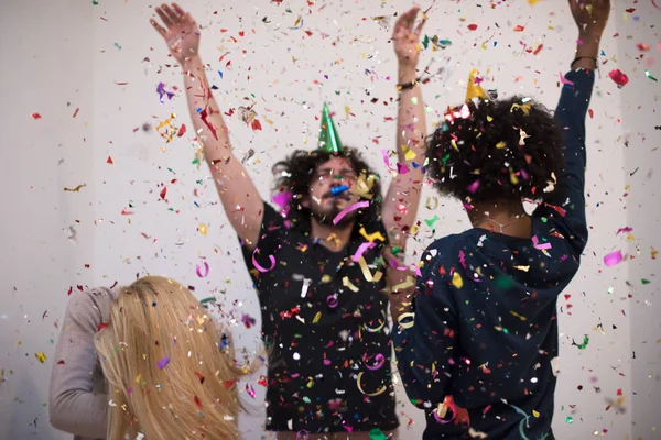 Confetti party multiethnic group of people — Stock Photo, Image
