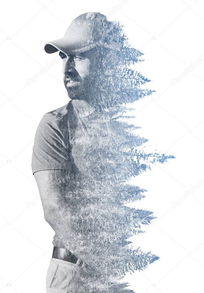 Double exposure of senior golf player