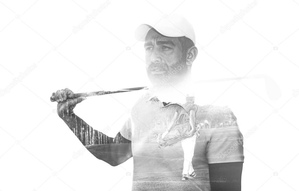 Double exposure of senior golf player