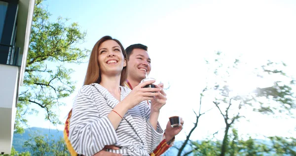 Drinking coffee on terrace of villa in the morning — Stock Photo, Image