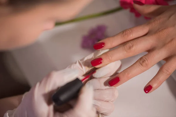 Woman Hands Receiving Manicure Beauty Salon Nail Filing Close Selective — Stock Photo, Image
