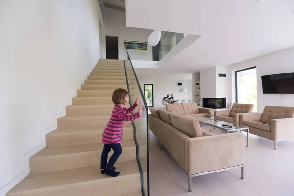 Happy Young Family Little Girl Enjoys Modern Living Room Luxury — Stock Photo, Image