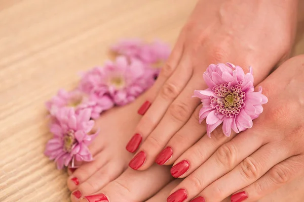 female feet and hands at spa salon