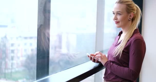 Gerente femenina usando el teléfono celular en el interior de la oficina — Vídeos de Stock