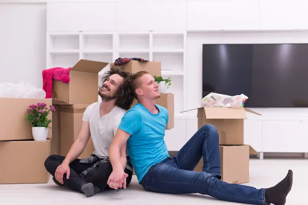 年轻的同性恋夫妇搬进新房子 — 图库照片