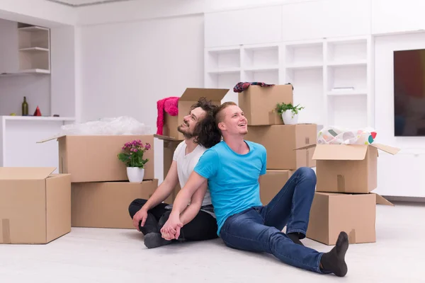 Young  gay couple moving  in new house — Stock Photo, Image