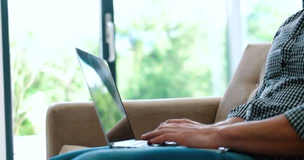 Hombre usando el portátil en la sala de estar — Vídeos de Stock