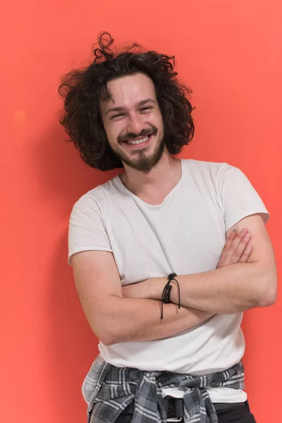 Young man with funny hair over color background — Stock Photo, Image