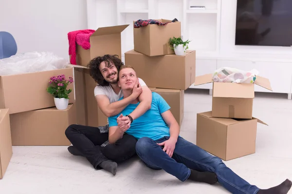 Young  gay couple moving  in new house — Stock Photo, Image