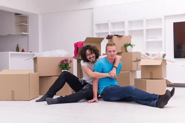 Young  gay couple moving  in new house — Stock Photo, Image