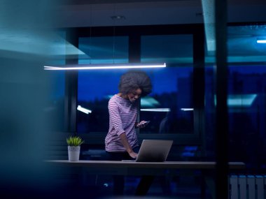 siyah işkadını başlangıç ofisinde bir dizüstü bilgisayar kullanarak