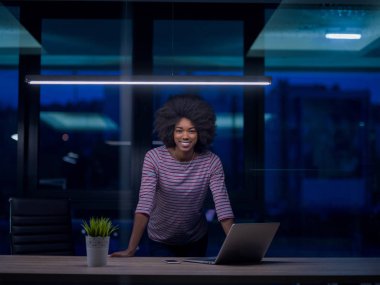 siyah işkadını başlangıç ofisinde bir dizüstü bilgisayar kullanarak