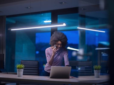 siyah işkadını başlangıç ofisinde bir dizüstü bilgisayar kullanarak