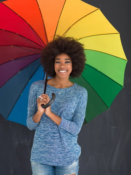 화려한 우산을 들고 하는 아프리카계 미국인 여자 — 스톡 사진