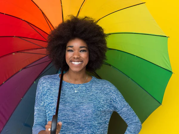 Black woman holding a colorful umbrella — Stock Photo, Image