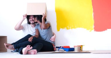 karton kutular ile oynayan genç çok ırklı Çift