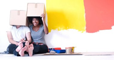 karton kutular ile oynayan genç çok ırklı Çift