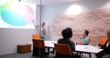 Bir grup genç iş adamı modern ofis binasında iş planlarını tartışıyor