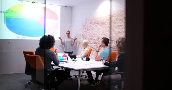 Groep Van Jonge Zakenmensen Bespreekt Businessplan Bij Modern Startup Kantoorgebouw — Stockfoto