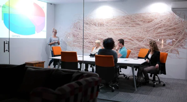 일단의 사업가들이 스타트업 사무실 건물에서 계획에 토론하는 — 스톡 사진