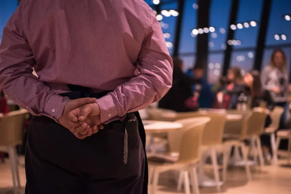 Rear View Young Confident Waiter Standing Hands His Back Luxury — Stock Photo, Image