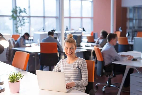 Бізнес-леді, використовуючи ноутбук в стартовому офісі — стокове фото