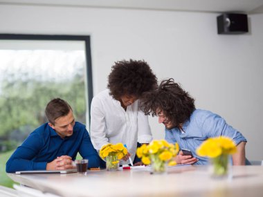 Çok ırklı başlangıç iş takım vasıl A toplantıda modern ofis 