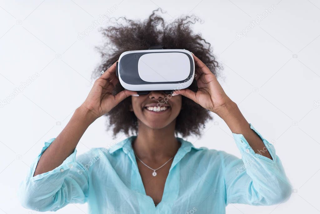 black girl using VR headset glasses of virtual reality