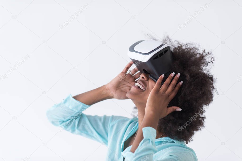 black girl using VR headset glasses of virtual reality