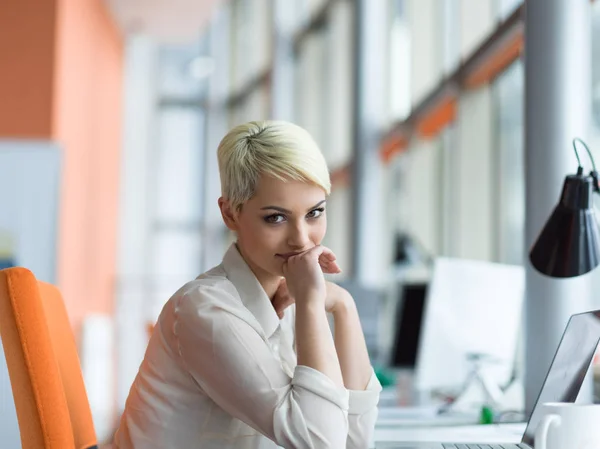 Mujer de negocios utilizando un ordenador portátil en la oficina de inicio — Foto de Stock