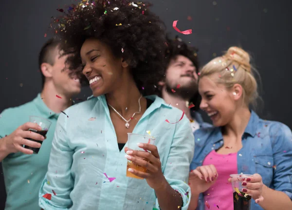 Confetti party multiethnic group of people — Stock Photo, Image