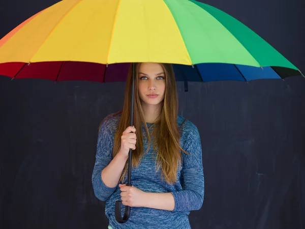 Handsome woman with a colorful umbrella — Stock Photo, Image