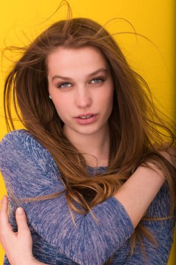 onun uzun ipeksi tüyleri ile oynarken güzel kadın