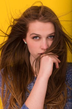 onun uzun ipeksi tüyleri ile oynarken güzel kadın