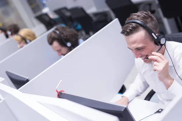 Young Smiling Male Call Centre Operator Doing His Job Headset — Stock Photo, Image