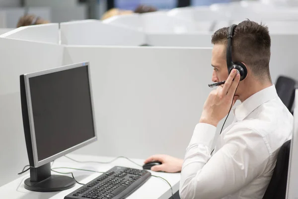 Young Smiling Male Call Center Operator Doing His Job Headset — Stock Photo, Image