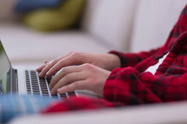 Man freelancer in bathrobe working from home — Stock Photo, Image